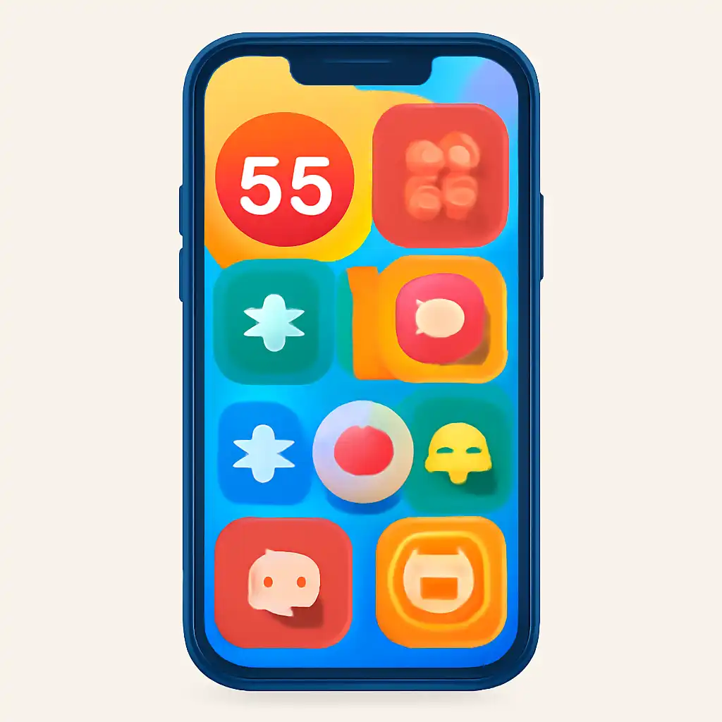 Smartphone shown from the front displaying a colourful flat layout of abstract game icons and rounded tiles (no text, no letters, no labels), 55 Lottery
