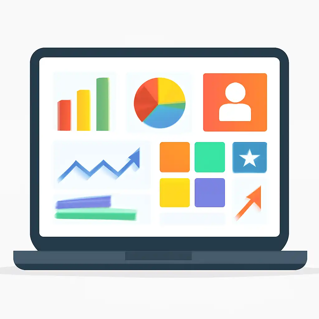 Laptop shown from the front displaying a colourful flat dashboard of abstract charts, bars and icon tiles (no text, no letters, no labels), 55 Lottery