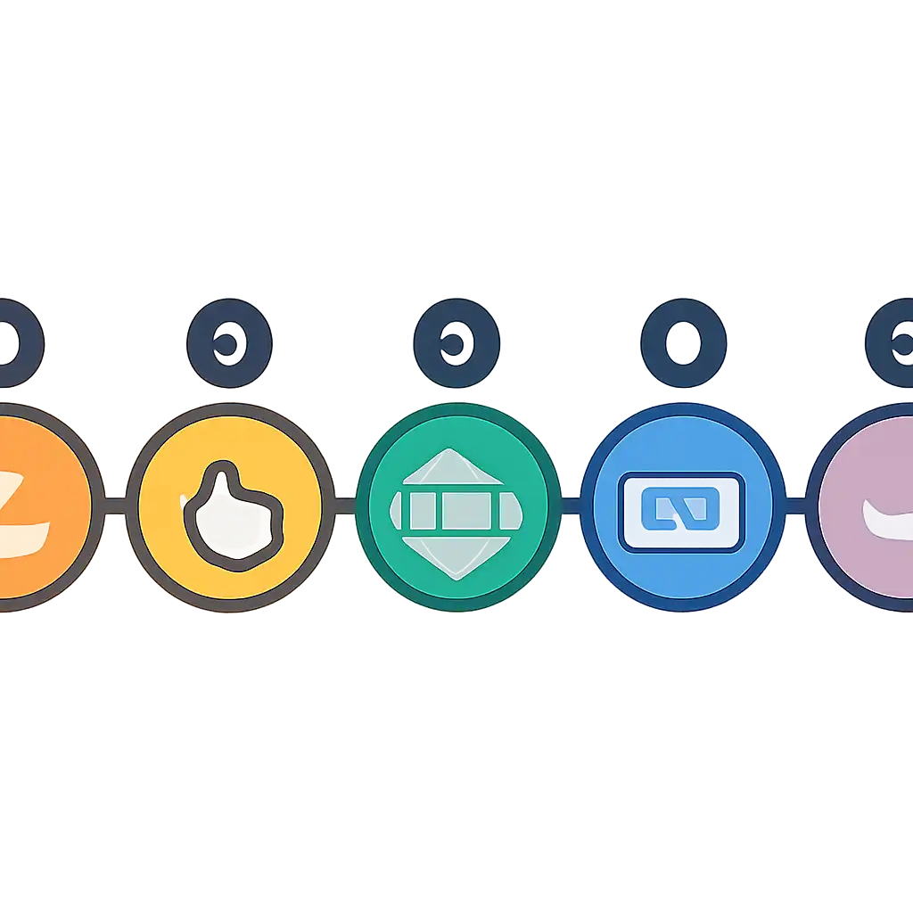 Five numbered circular icons connected by arrows in a horizontal flow, flat illustration, icons only, no words, 55 Lottery steps